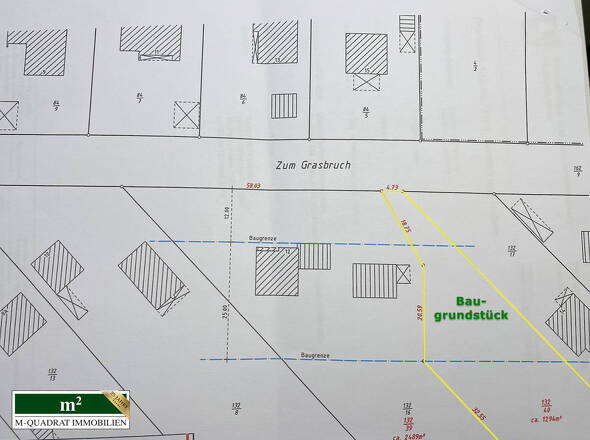 Bemaßter Lageplan mit Skizzierung der Baugrenze