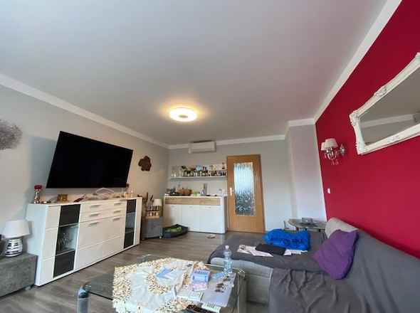 Wohnzimmer mit Blick auf TV u. Zimmertür - WHG EG rechts