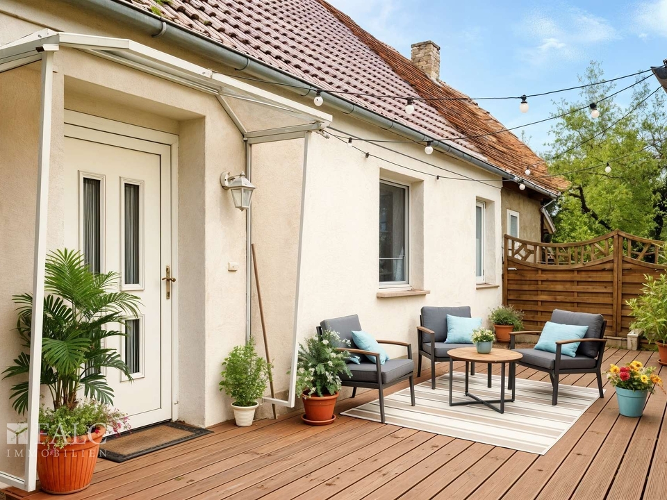 Hauseingang mit Sitzecke - Gestaltungsvorschlag (KI generiert)