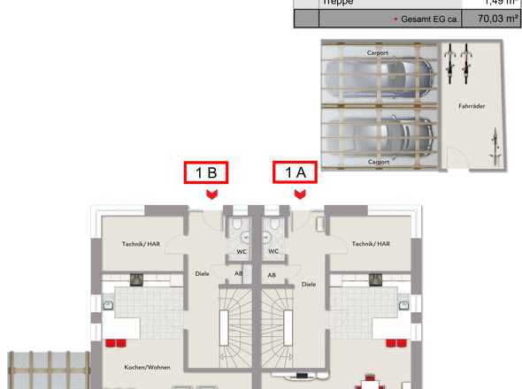 Haus 1A, Haus 1B Grundriss - Erdgeschoss