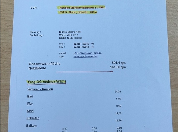 Wohnflächenberechnung ETW Nr. 7