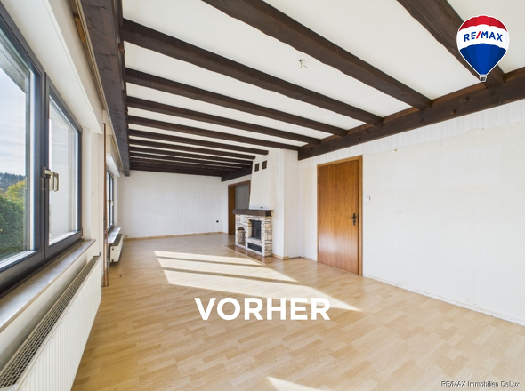 RE/MAX Immobilien DeLux Soppelhaushälfte Mettlach Wohnzimmer vorher