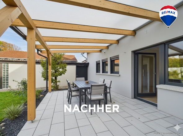 RE/MAX Immobilien DeLux Soppelhaushälfte Mettlach Terrasse nachher