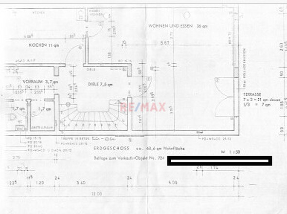 Erdgeschoss bemaßt geschwärzt