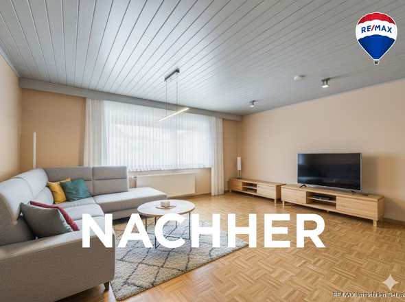 RE/MAX Immobilien DeLux Zweifamilienhaus Wadern-Lockweiler Wohnzimmer nachher