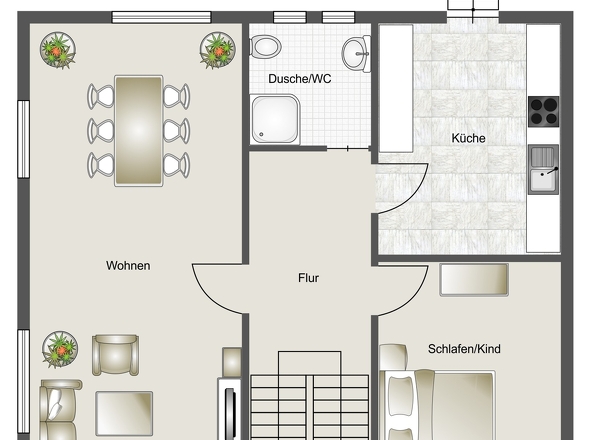 Erdgeschoss mit Wohn- und Küchenbereich – hell, modern, einladend.