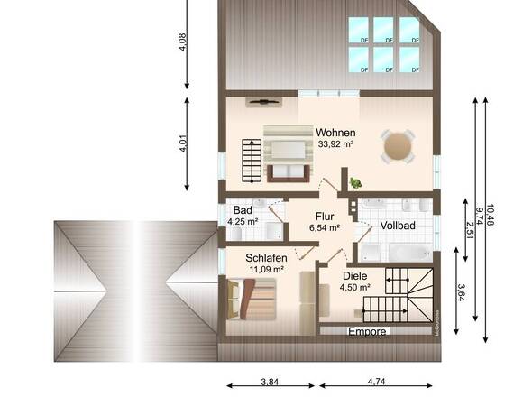 OG-Grundriss bemaßt - Haupthaus