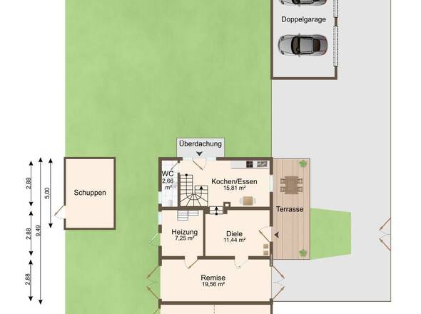 EG-Grundriss bemaßt - Nebenhaus (ohne Dop.garage)