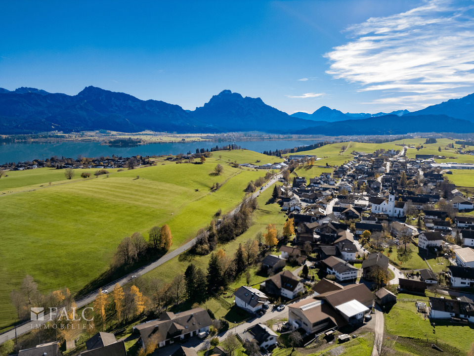Drohne Gebäude mit Bergblick_x