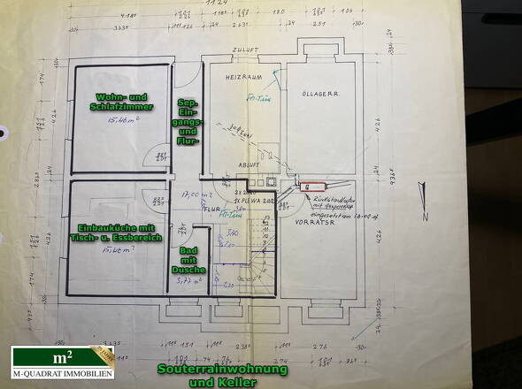Souterrain-Grundriss bemaßt