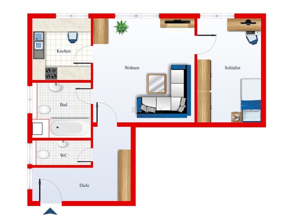 Der Grundriss dient ausschließlich der veranschaulichenden Darstellung und erhebt keinen Anspruch auf Maßstabstreue oder Vollständigkeit.