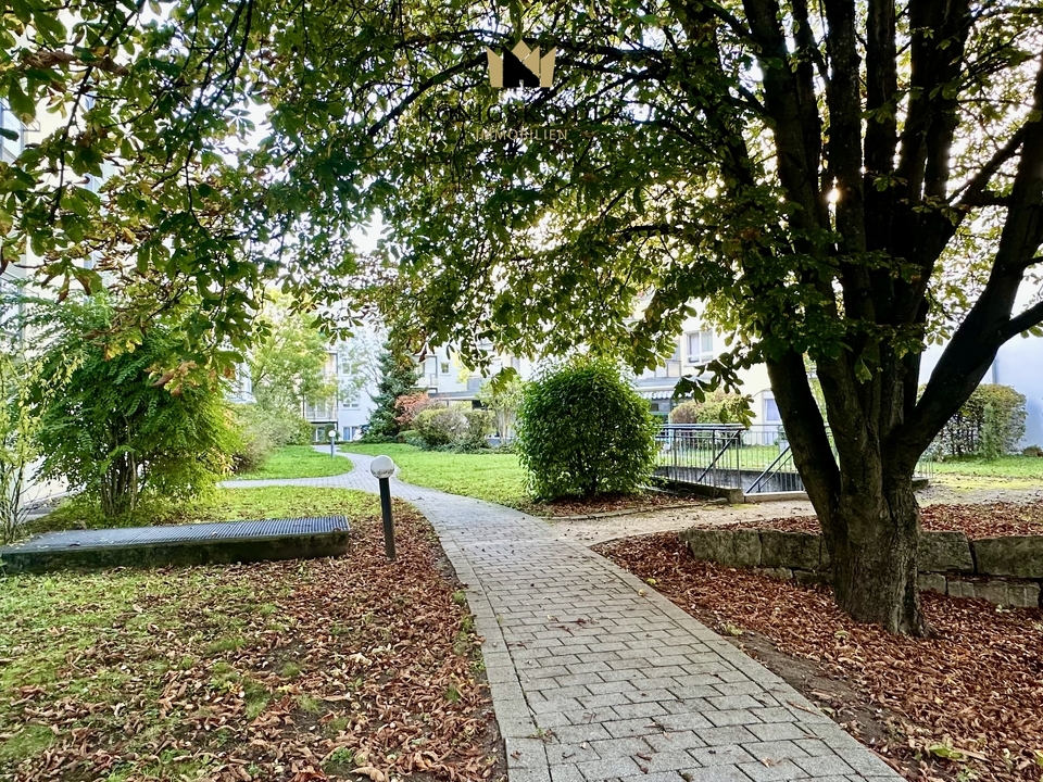 Eingangsbereich mit Grünflächen und Bepflanzung
