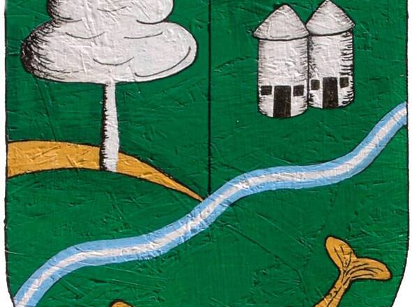 Wappen mit Silotürmen und Forelle von Grünhagen