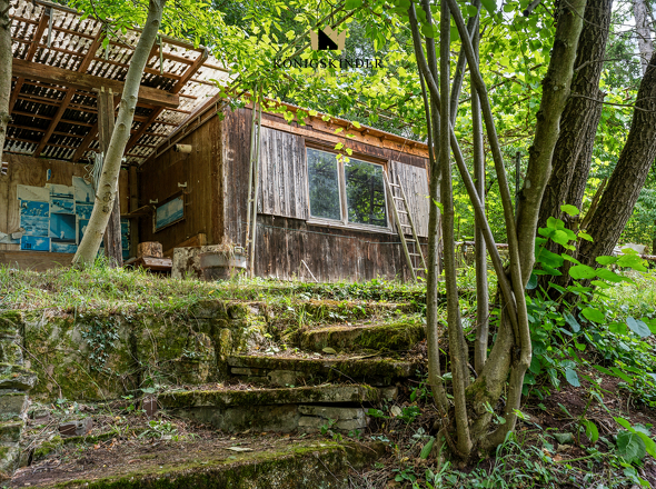 Steinstufen führen zur Gartenhütte
