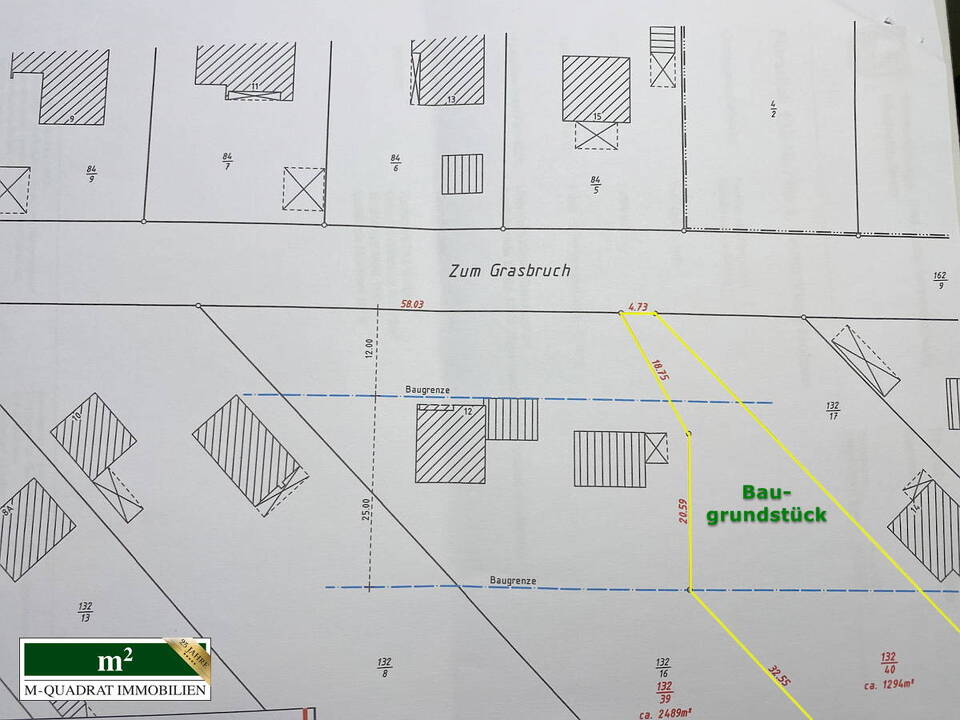 Bemaßter Lageplan mit Skizzierung der Baugrenze