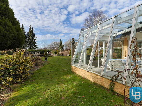 Blick in den Wintergarten und den Garten