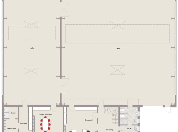 Erdgeschoss: Bürotrakt ( EG/OG: ca. 231 m²) + Produktions- u. Montagehalle (ca. 570 m²)
