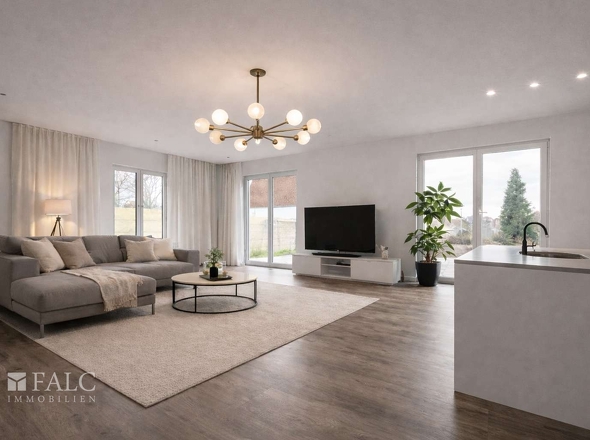 „Lichtdurchfluteter Sitzbereich mit bodentiefen Fenstern, Möblierung visualisiert.“