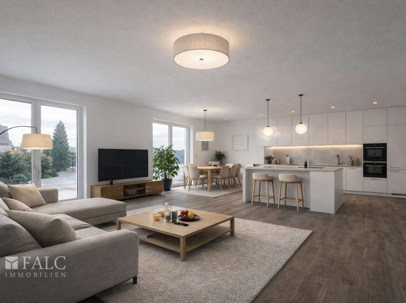 „Offener Wohn- und Küchenbereich mit großzügigem Raumgefühl, Möblierung visualisiert.“