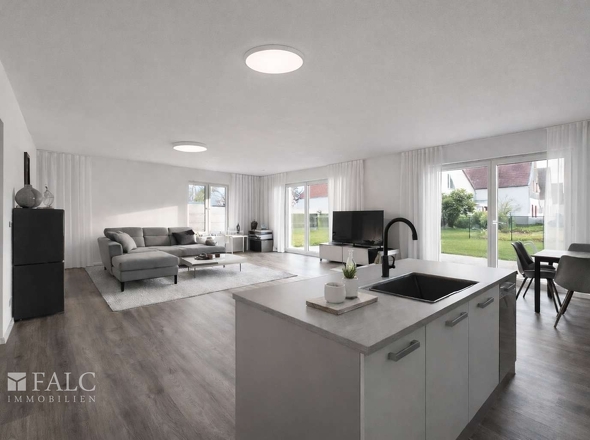 „Offener Wohnbereich mit Zugang zur großzügigen Terrasse, Möblierung visualisiert.“