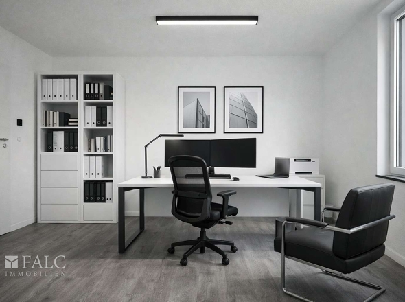 „Großzügiger Raum zur freien Gestaltung, beispielhaft als Homeoffice visualisiert.“