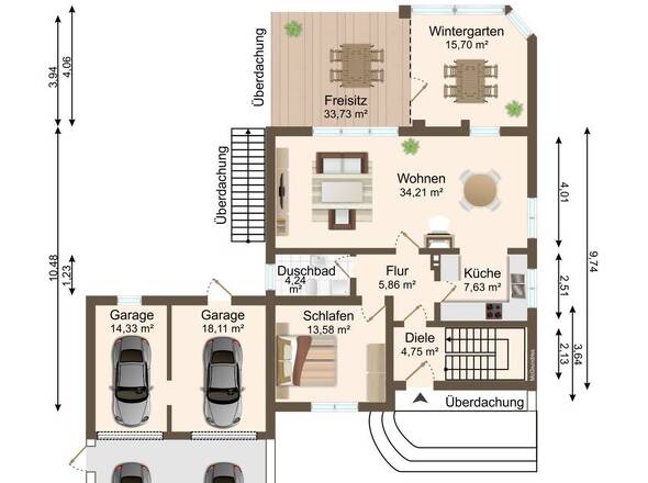 EG-Grundriss bemaßt - Haupthaus