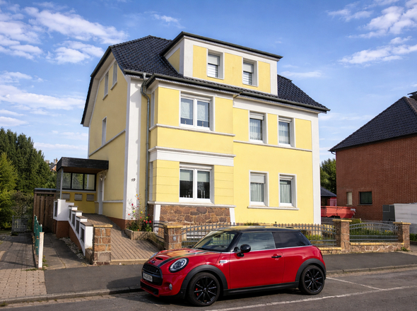 Gelbes Haus mit rotem Auto