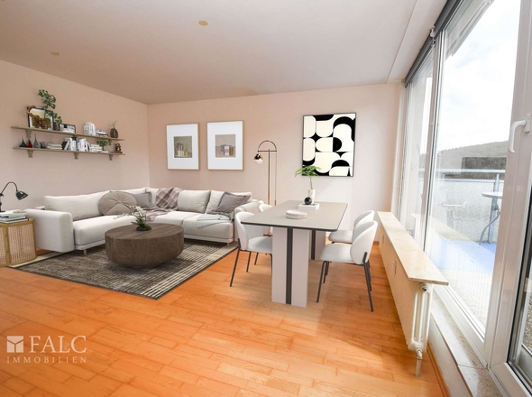 Wohnraum von Küche (virtuell möbliert)