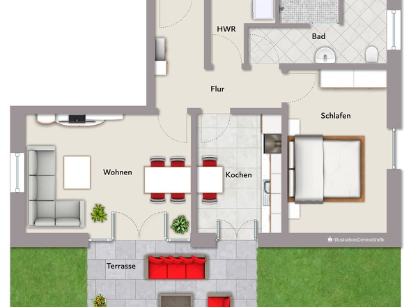 EG: 2 ZKB, HWR, Terrasse ca. 59 m² Wohnfläche