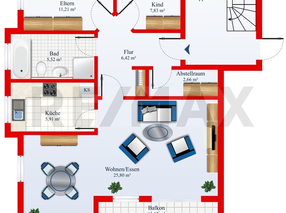 Der Grundriss dient ausschließlich der veranschaulichenden Darstellung und erhebt keinen Anspruch auf Maßstabstreue oder Vollständigkeit.
