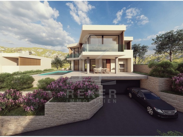 Blick über Primošten und das azurblaue Meer