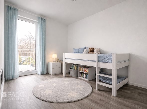 „Freundliches Kinderzimmer mit guter Belichtung Möblierung visualisiert.“