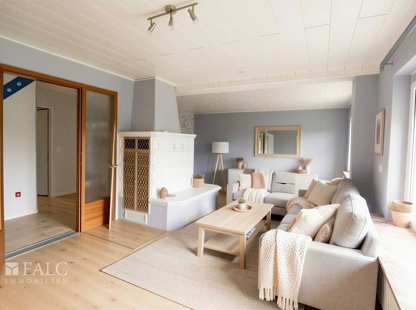 Wohnzimmer mit Ofen - (KI möbliert)