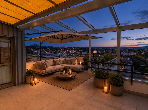 Dachterrasse mit KI möbliert  – Nachtatmosphäre
