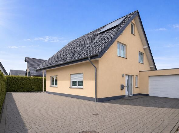 Einfahrt mit großem gepflastertem Hof (mit KI bearbeitet)