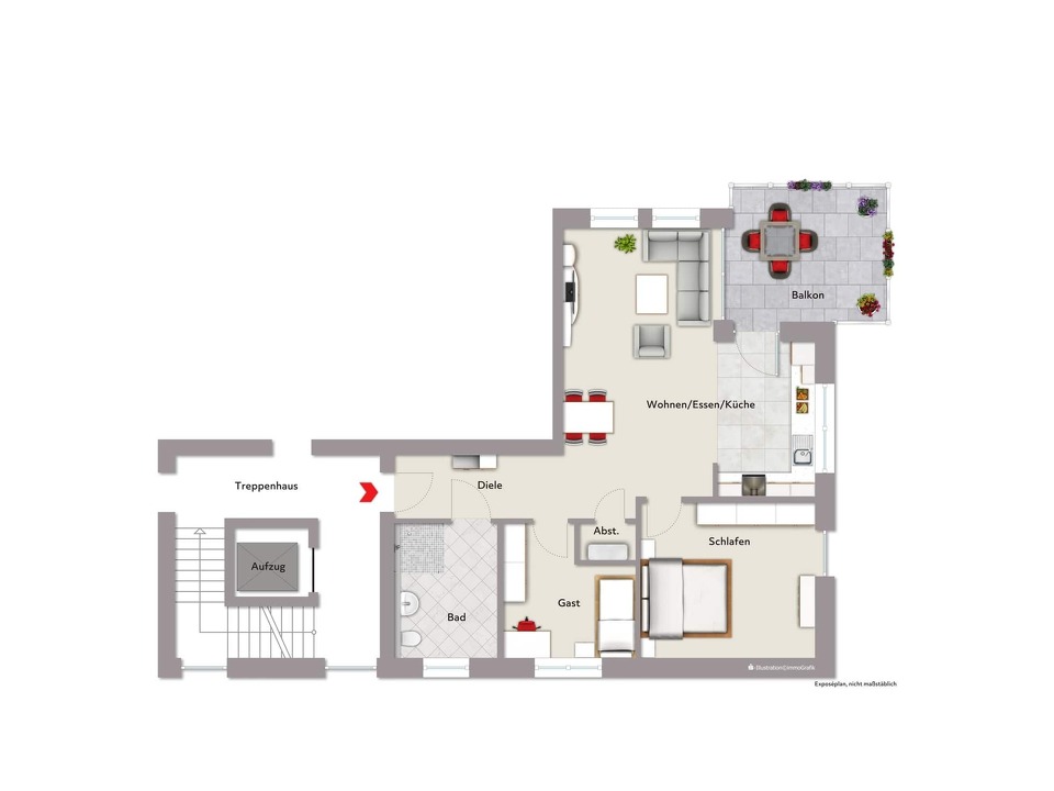 3 ZKB, Balkon ca. 82 m² Wfl.