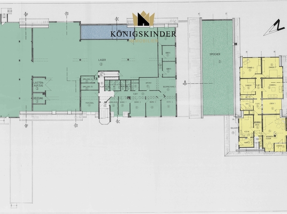 Ebene 2 (Grün = Gewerbe/Gelb = Wohnung