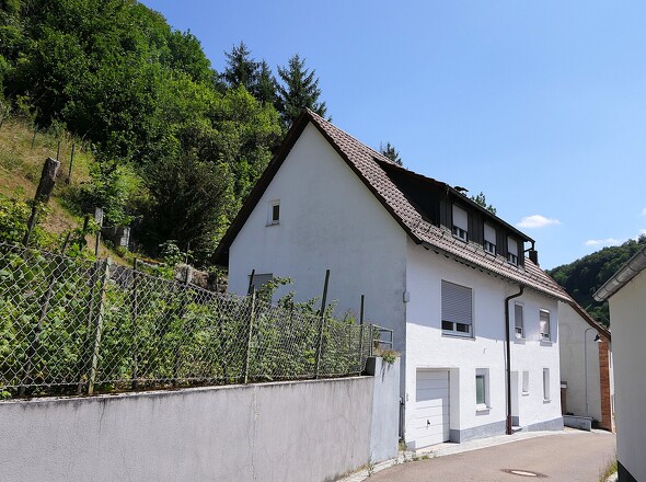 Hausansicht mit Garten am Hang