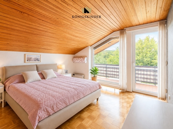 Stilvolles Schlafzimmer mit maßgefertigtem Einbauschrank und komfortablem Stauraum. KI