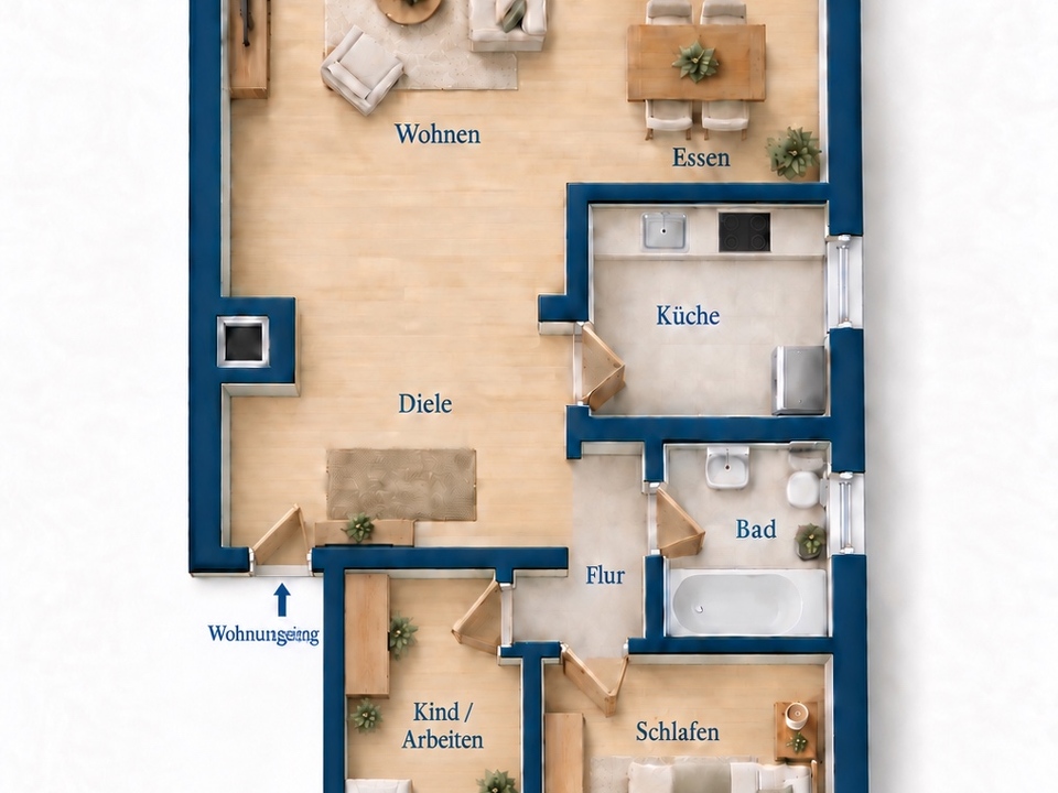 Grundriss 1. Obergeschoss rechts – Einrichtungsbeispiel (KI-Illustration)